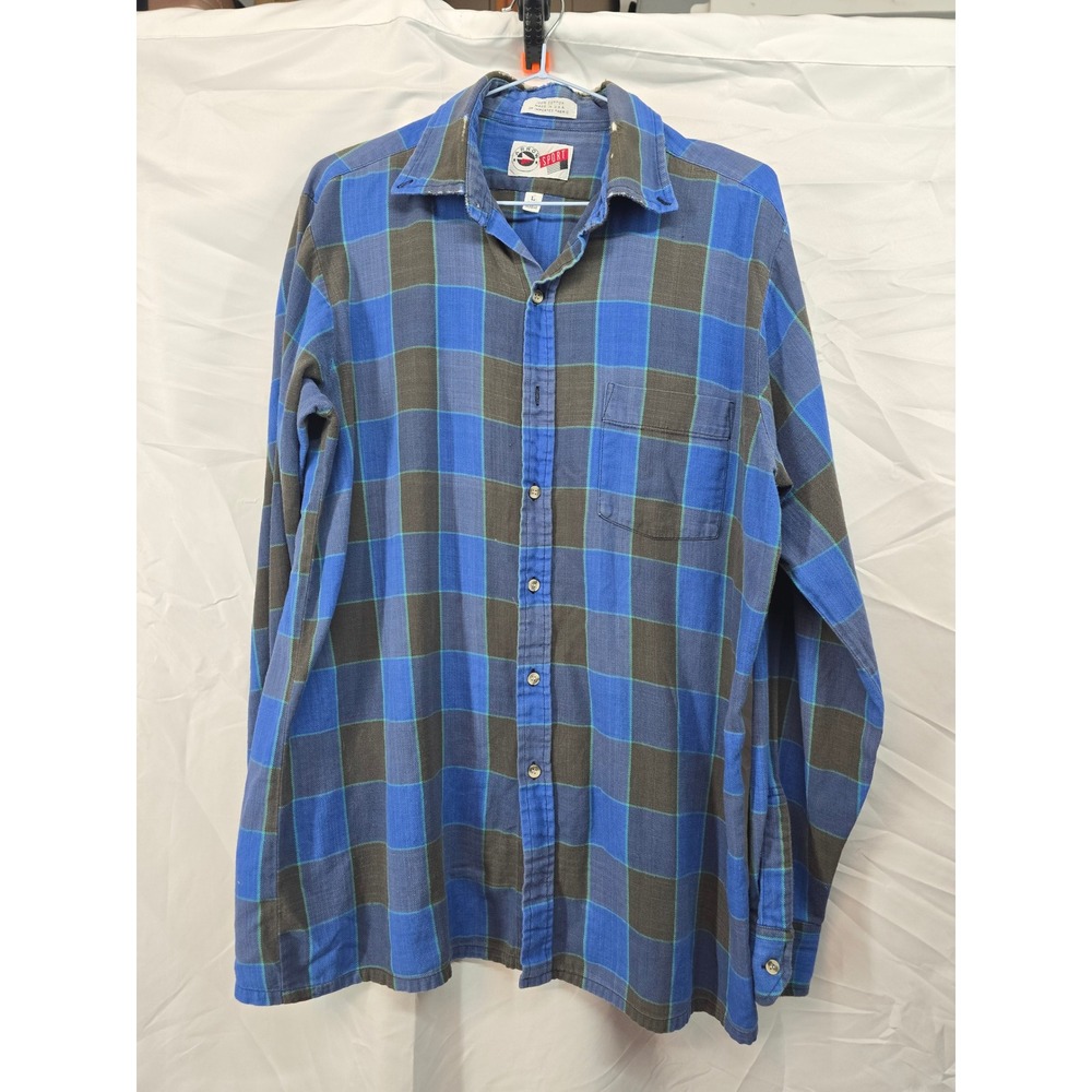 Vintage Arrow Sport Mens L Long‎ Sleeve Blue Plaid Button Up Shirt